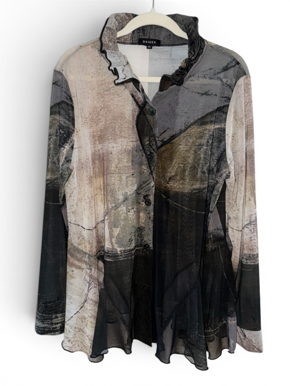 DAMEE XL Sheer Earth-Tone Blouse - Neutral Gray & Cream-Wire Shaping Neckline
